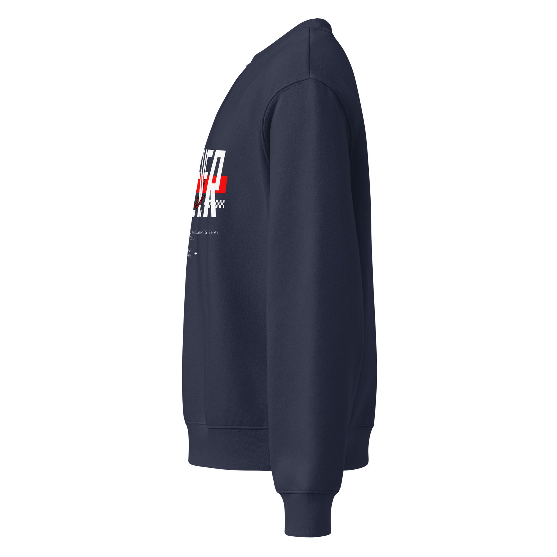 Navy blue sweatshirt with a logo on the sleeve against a white background