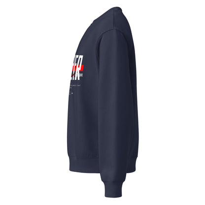 Navy blue sweatshirt with a logo on the sleeve against a white background