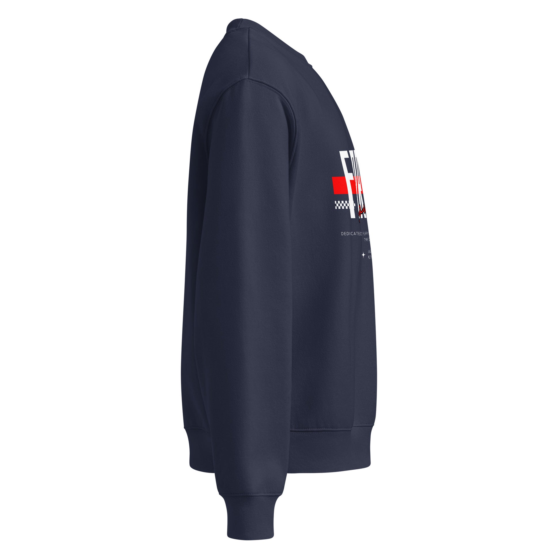 Navy blue sweatshirt with a logo on the sleeve against a white background