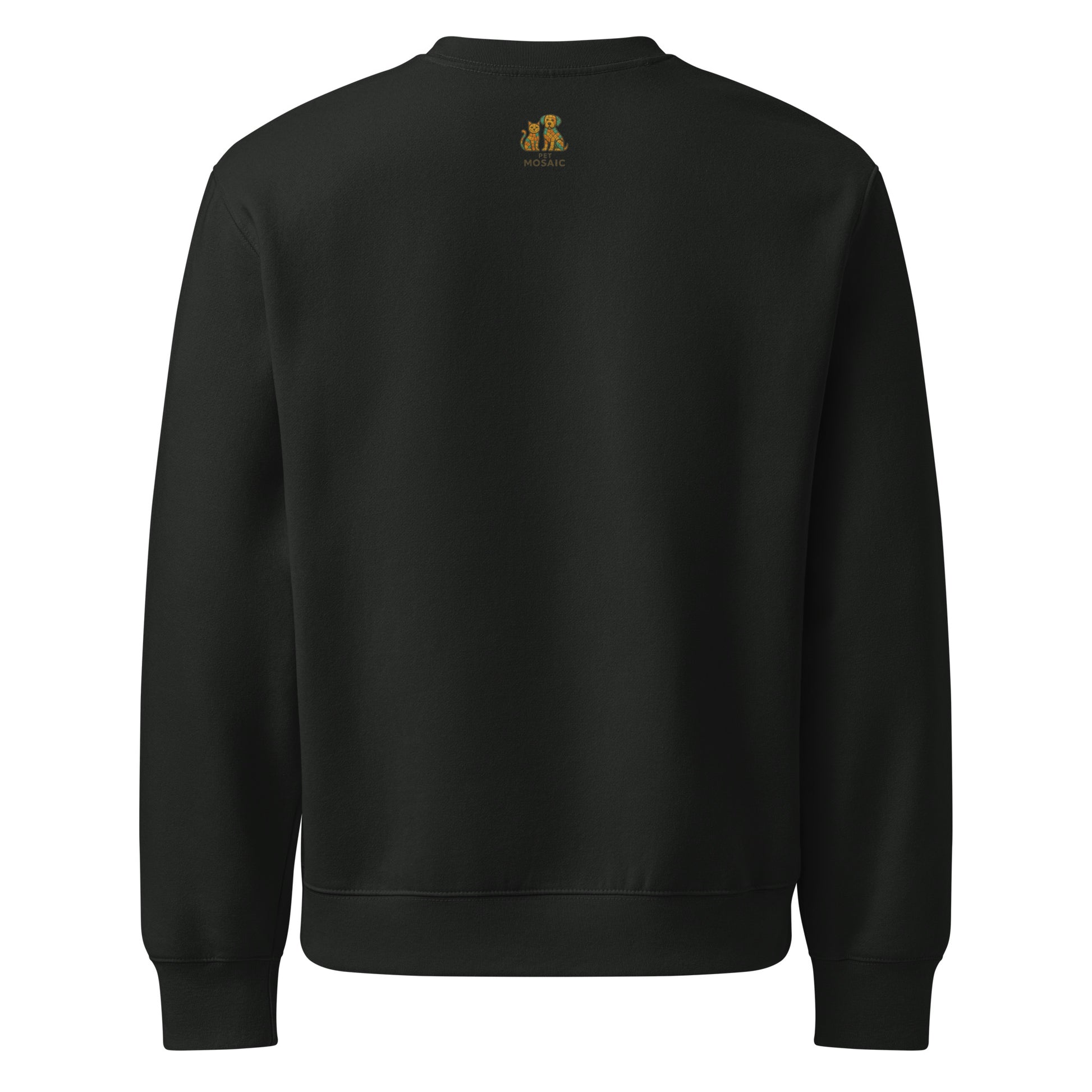 Black sweatshirt with a small logo on the back against a white background