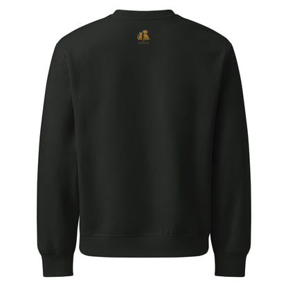 Black sweatshirt with a small logo on the back against a white background