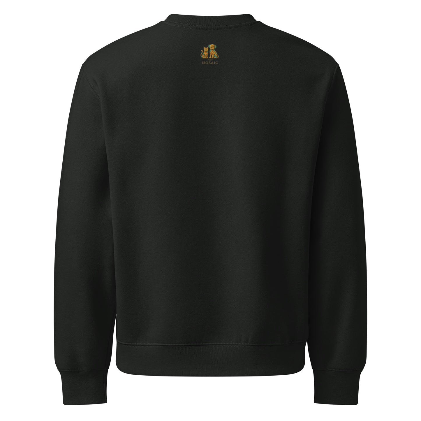 Black sweatshirt with a small logo on the back against a white background