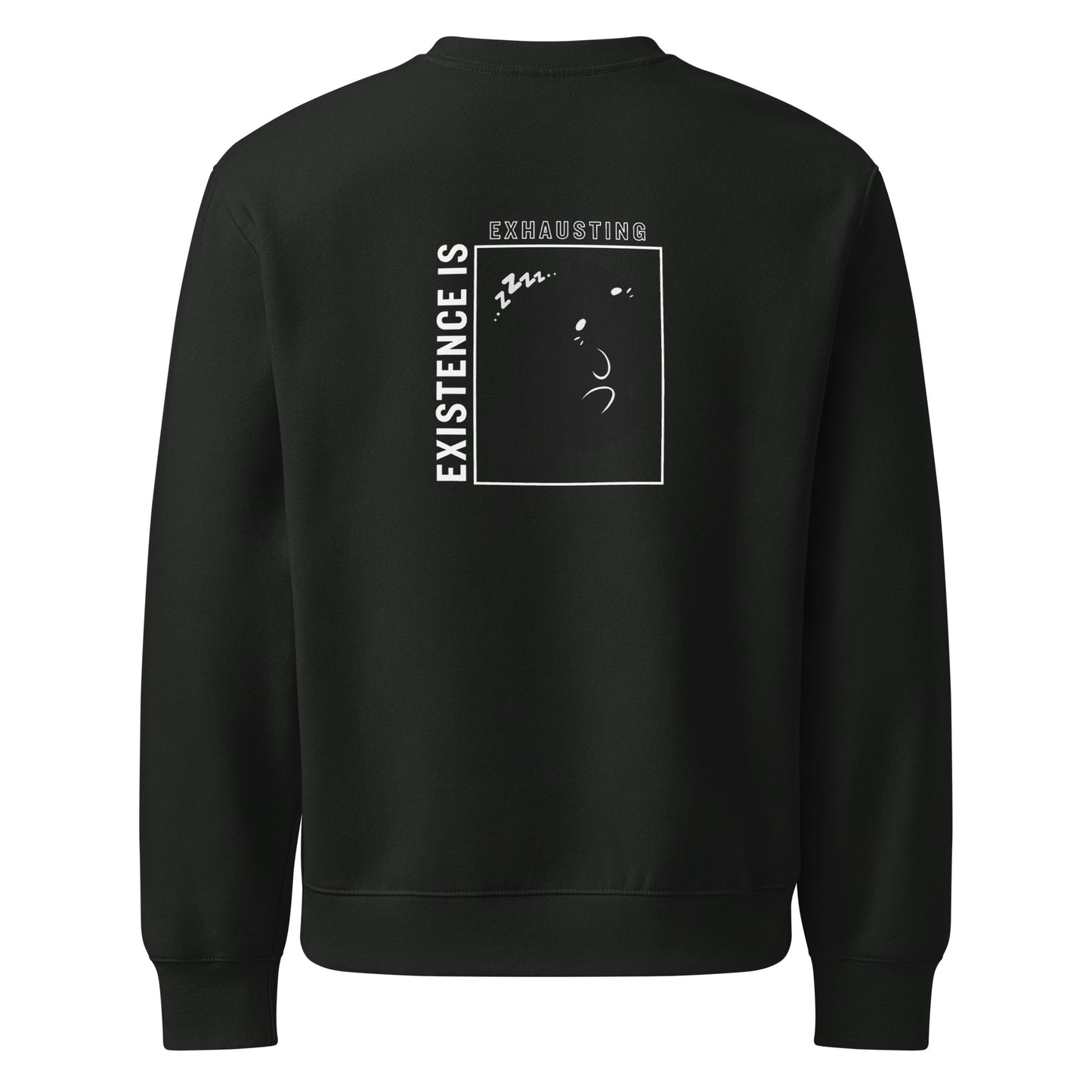 Black sweatshirt with text and graphic design on the back against a white background