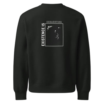 Black sweatshirt with text and graphic design on the back against a white background