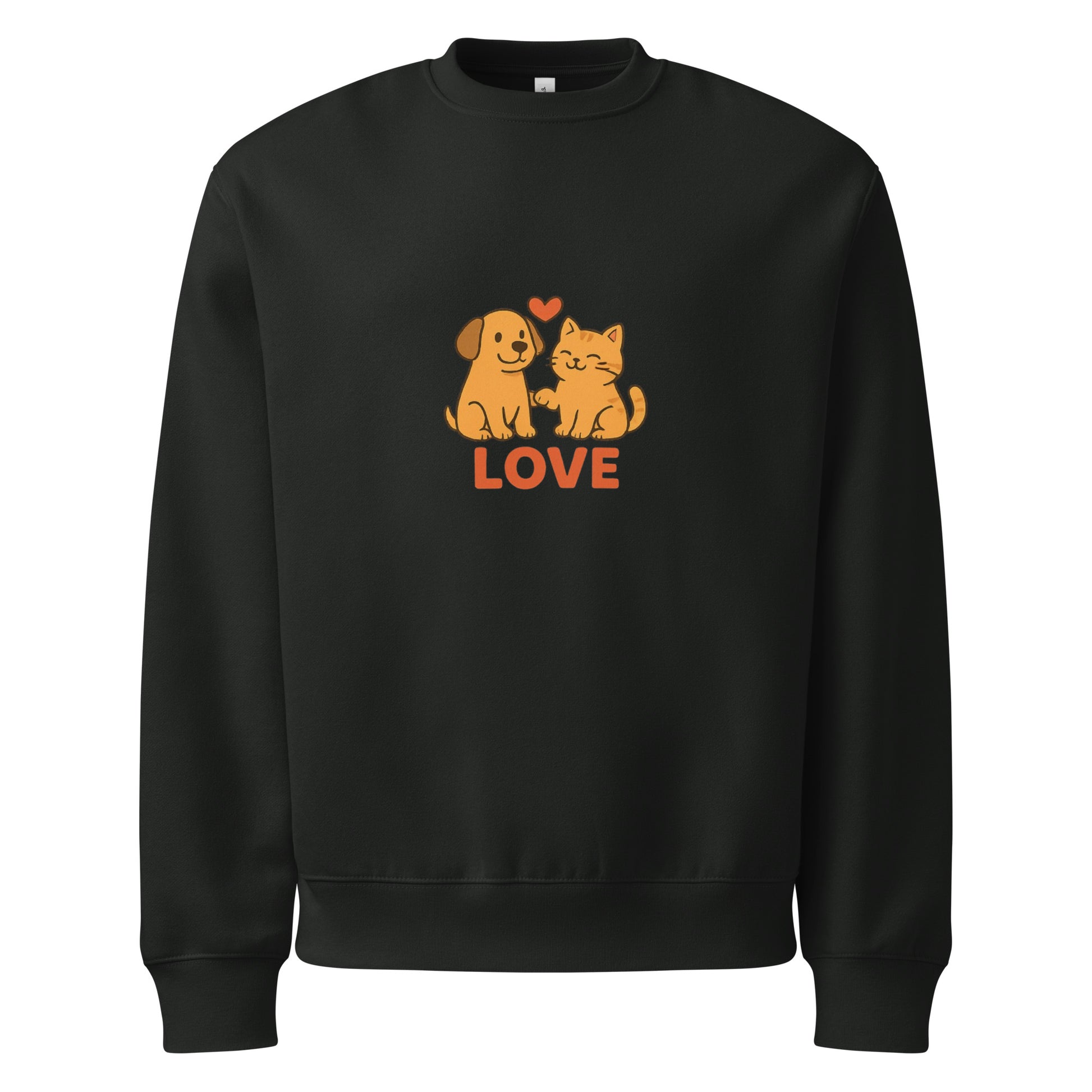Black sweatshirt with a dog and cat illustration and 'LOVE' text on a white background