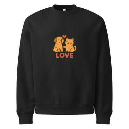 Black sweatshirt with a dog and cat illustration and 'LOVE' text on a white background