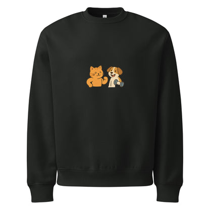 Black sweatshirt with a cartoon cat and dog design on a white background