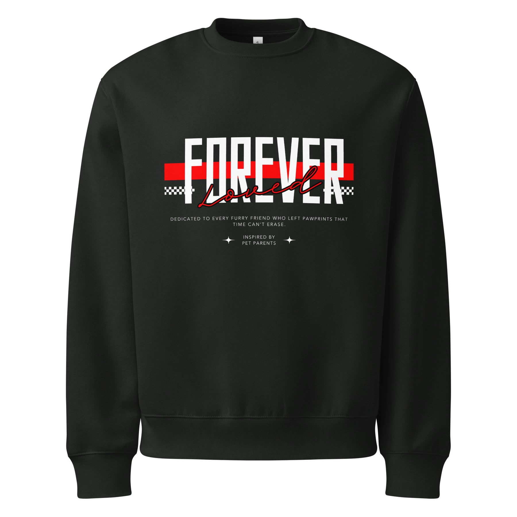 Black sweatshirt with 'Forever Loved' text design on a white background