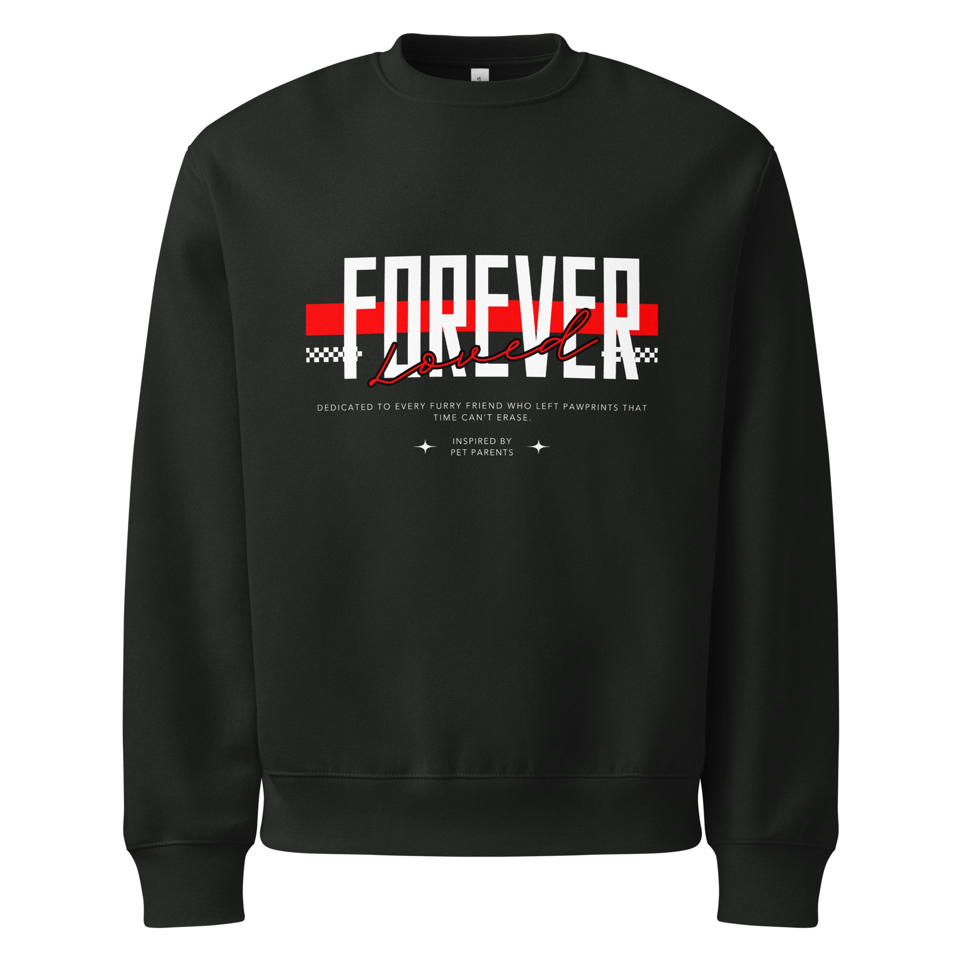 Black sweatshirt with 'Forever Loved' text design on a white background