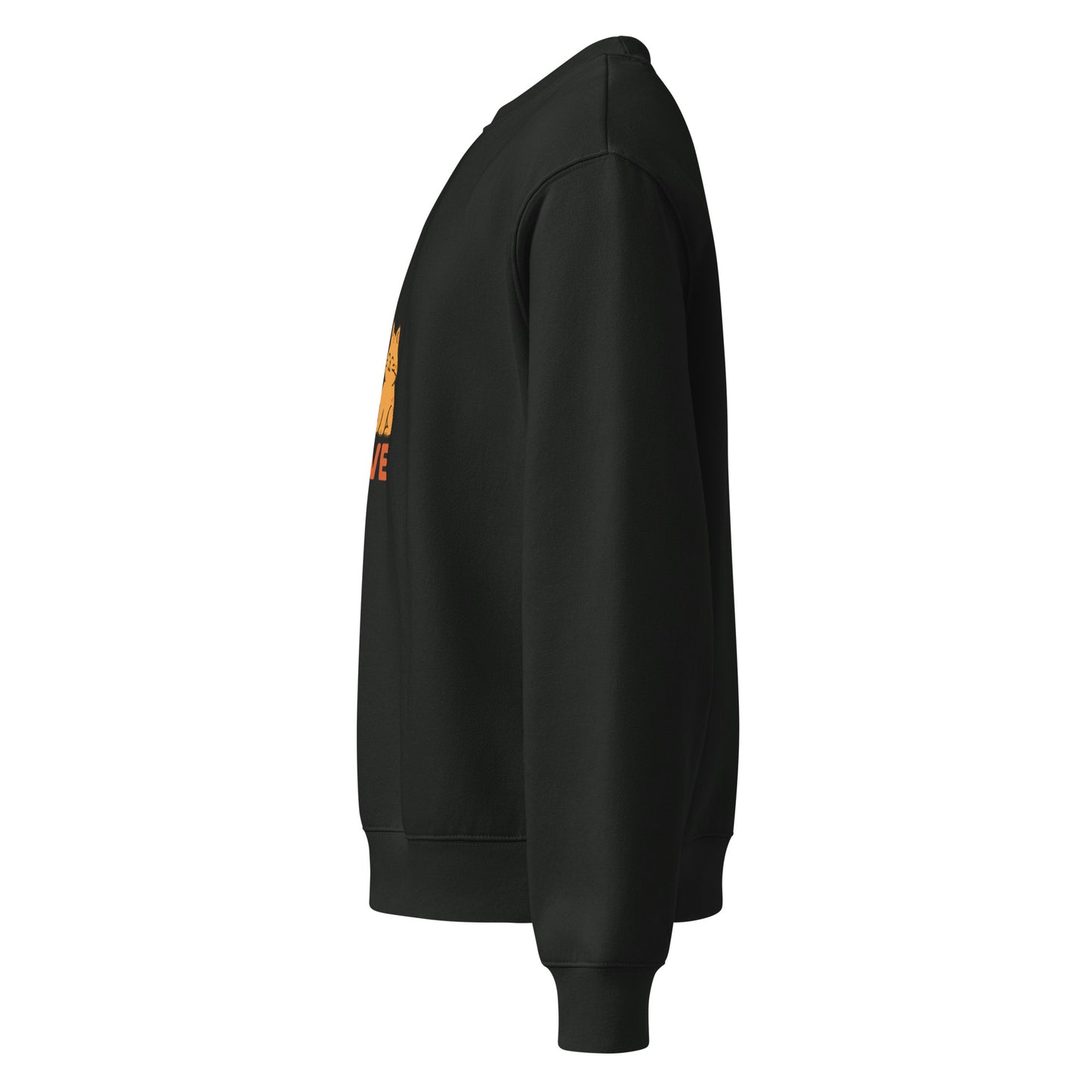 Black sweatshirt with orange and yellow design on sleeve against a white background