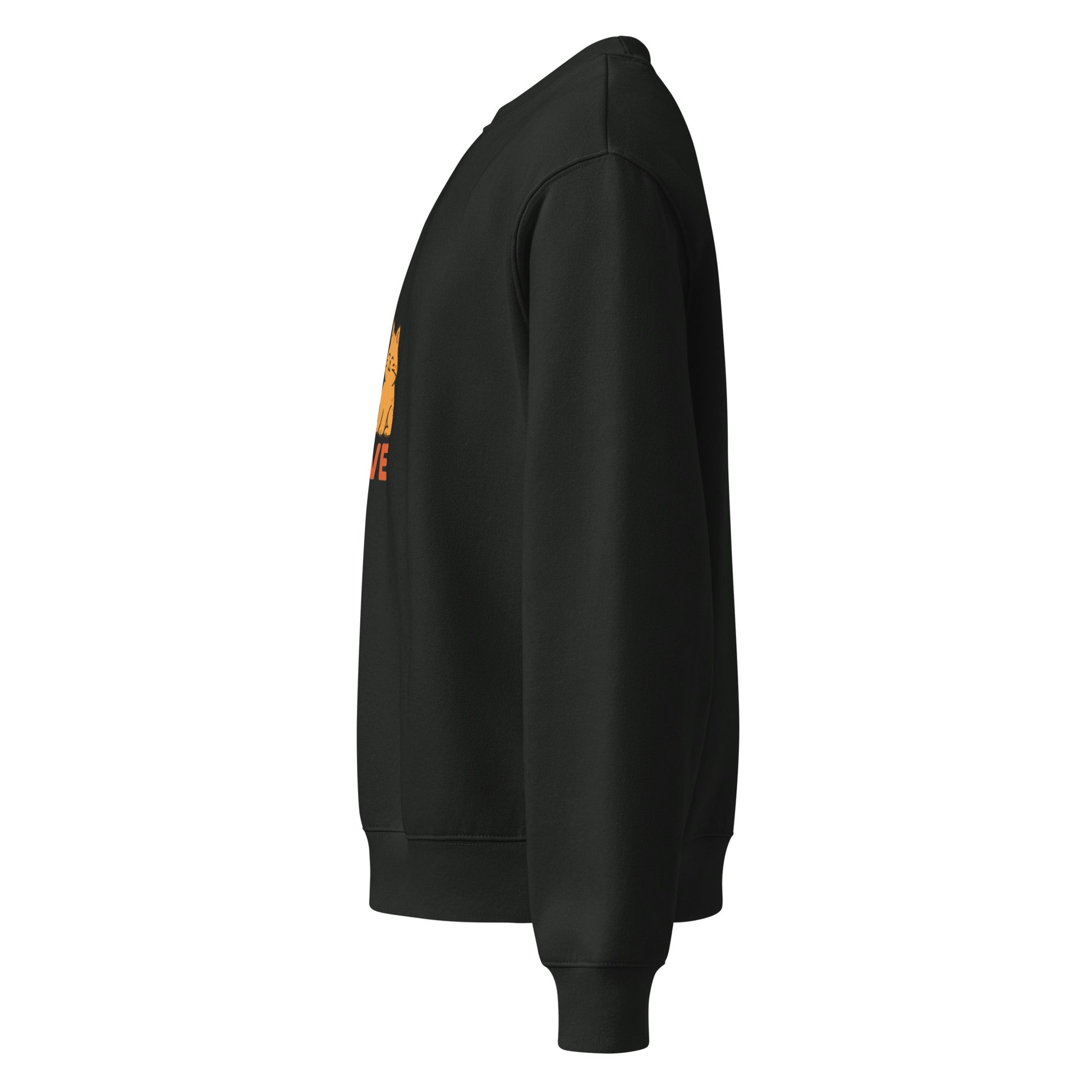 Black sweatshirt with orange and yellow design on sleeve against a white background