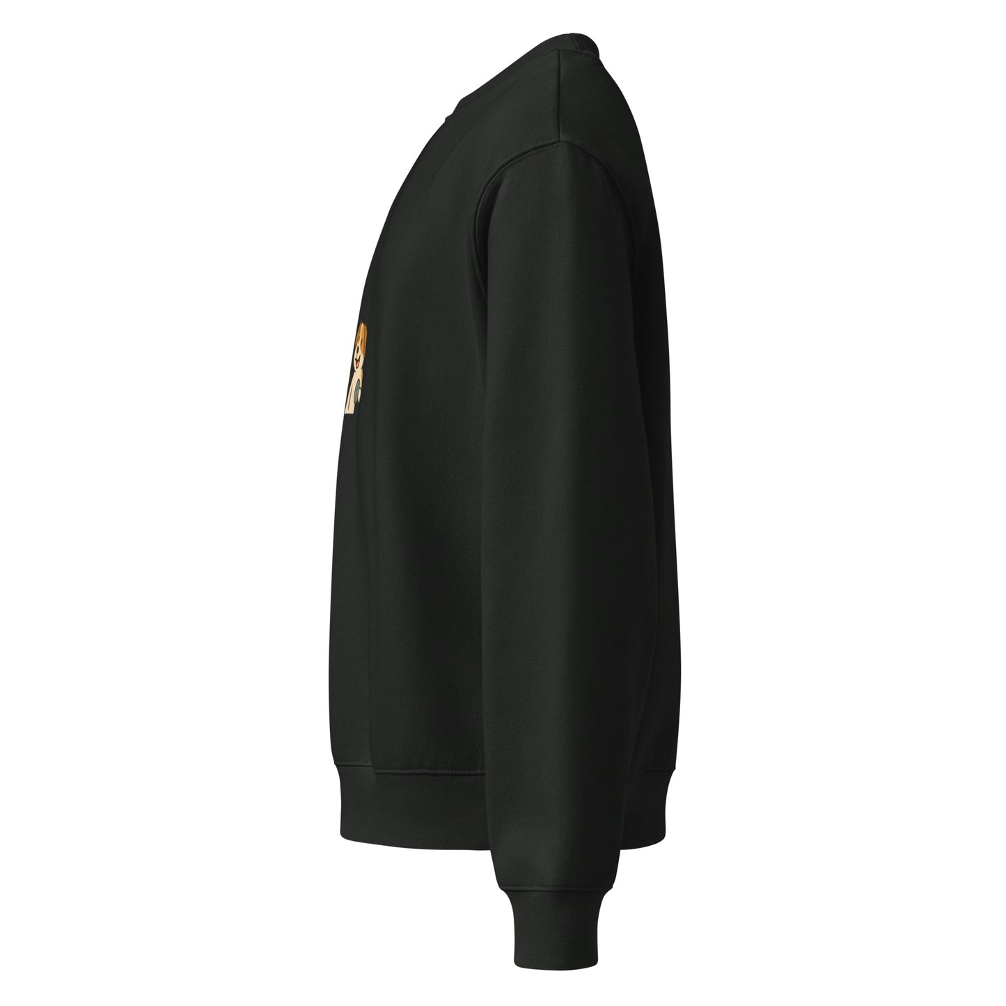 Black sweatshirt with a patch on the sleeve against a white background