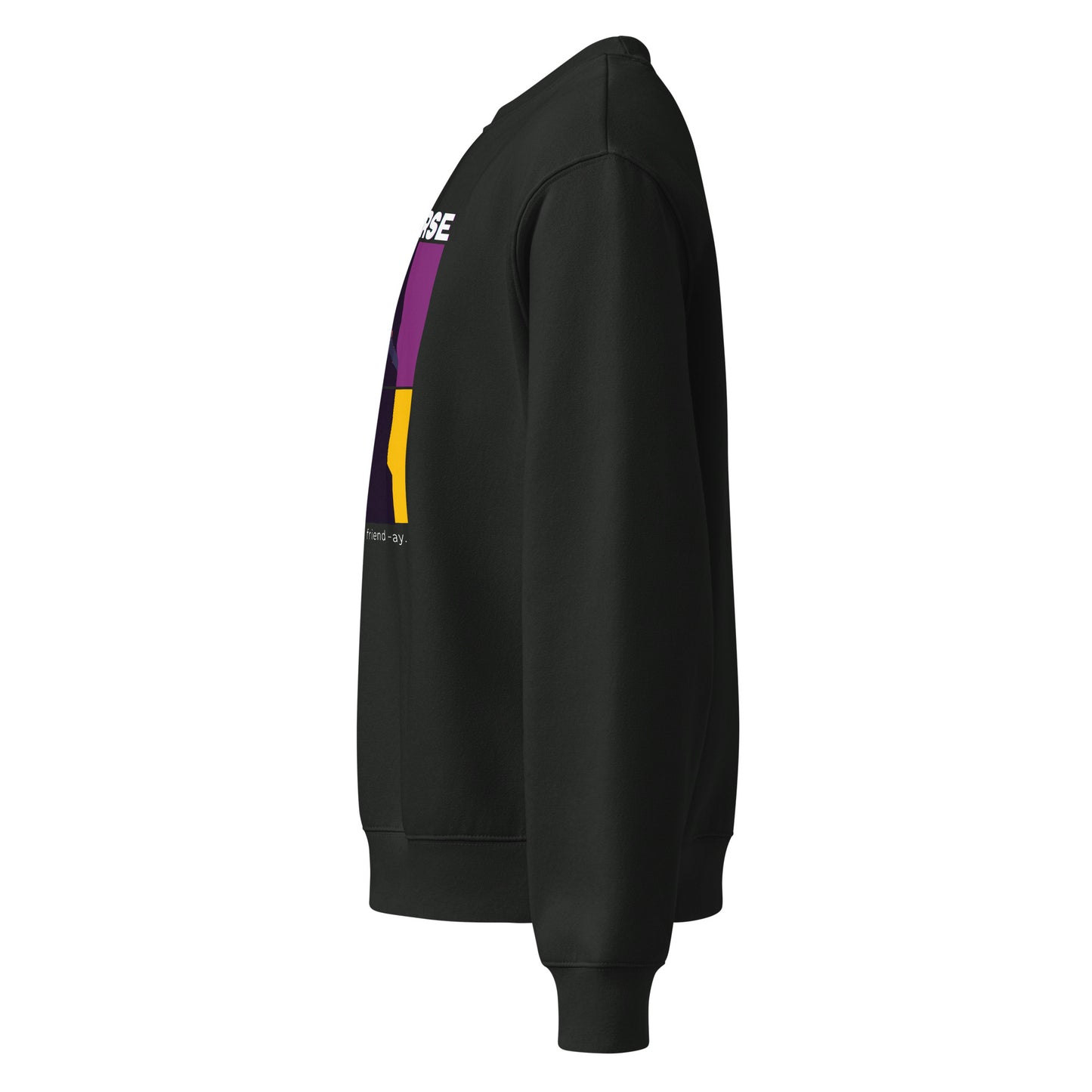 Black sweatshirt with colorful graphic on sleeve against a white background