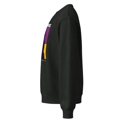 Black sweatshirt with colorful graphic on sleeve against a white background