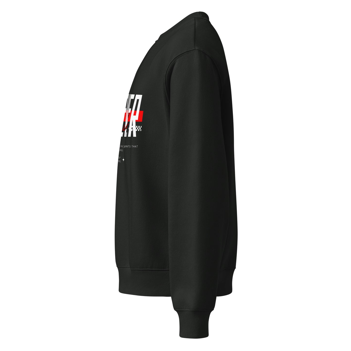 Black sweatshirt with a logo on the sleeve against a white background