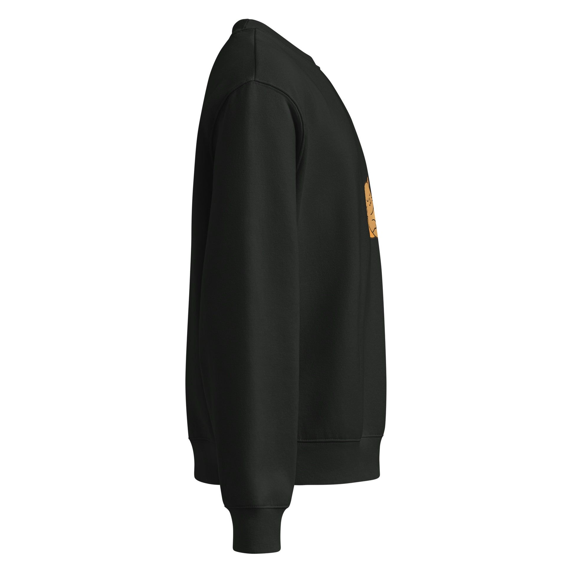 Black hoodie with a patch on the sleeve against a white background