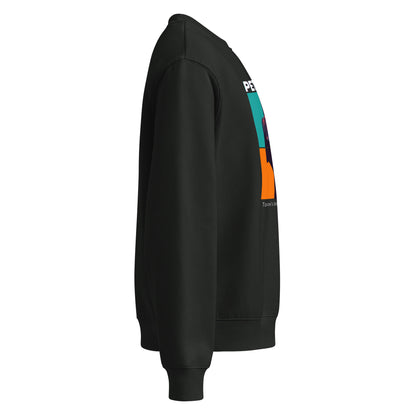 Black hoodie with colorful design on sleeve against a white background