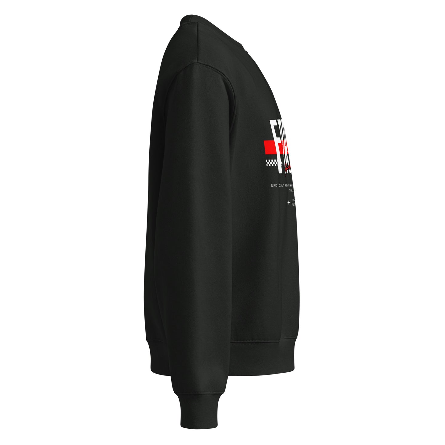 Black hoodie with a logo on the sleeve against a white background
