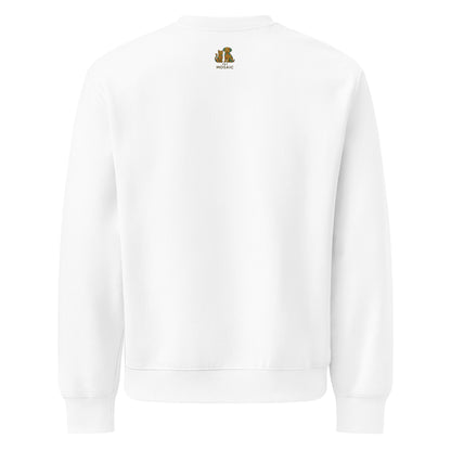 White sweatshirt with a logo on the chest against a white background