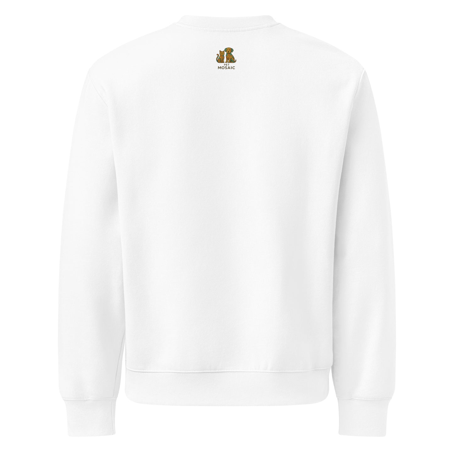 White sweatshirt with a logo on the chest against a white background
