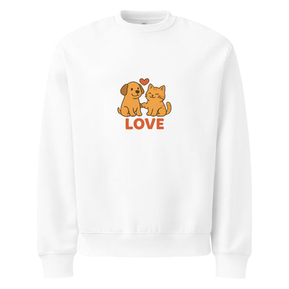 White sweatshirt with a dog and cat illustration and 'LOVE' text on a white background