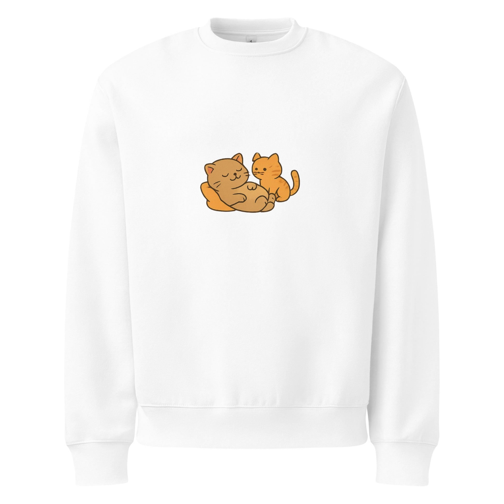 White sweatshirt with two orange cats embroidered on a white background