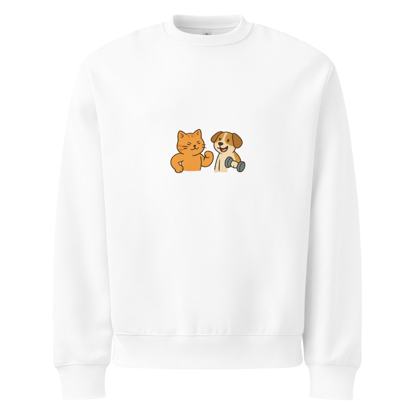 White sweatshirt with a cartoon cat and dog design on a white background