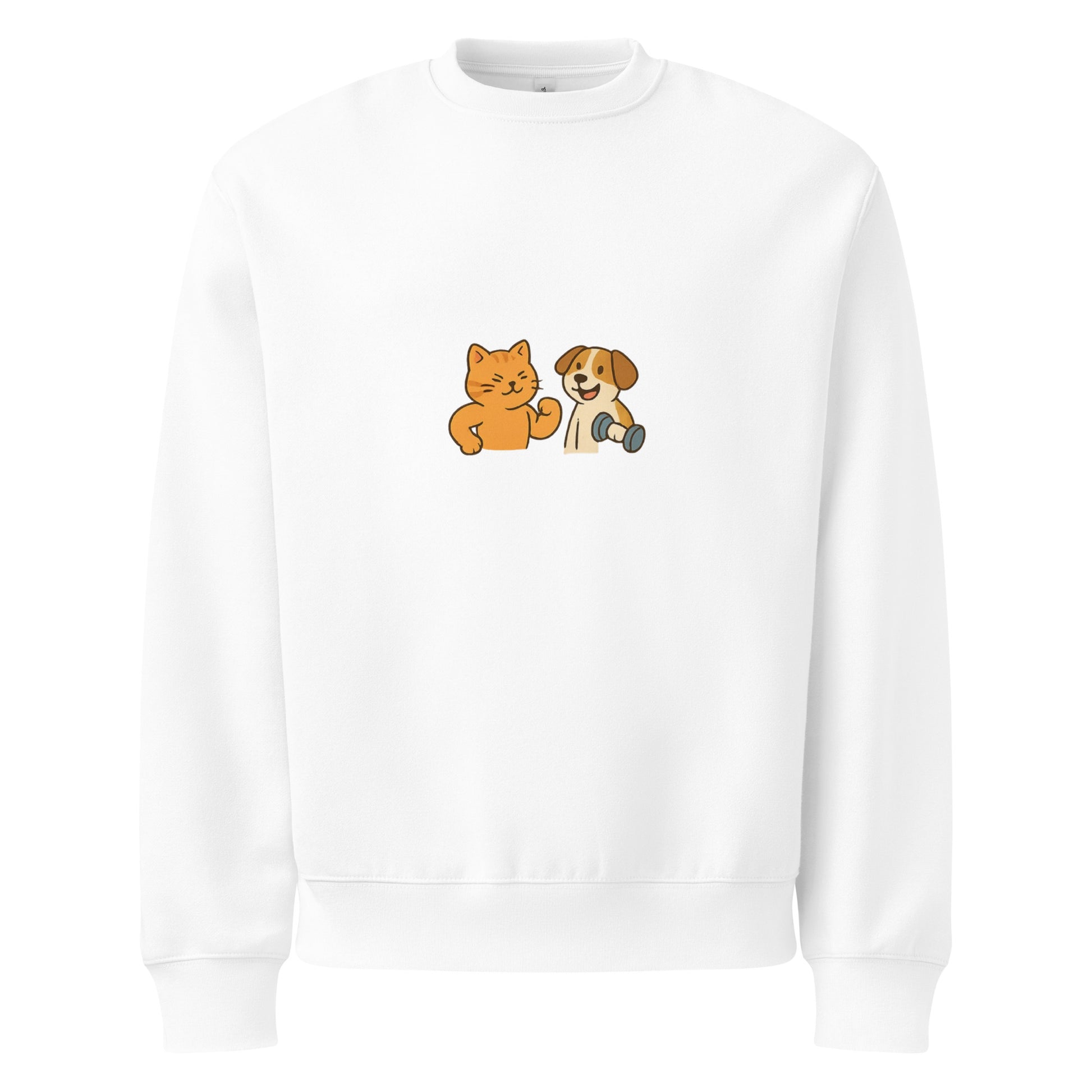 White sweatshirt with a cartoon cat and dog design on a white background