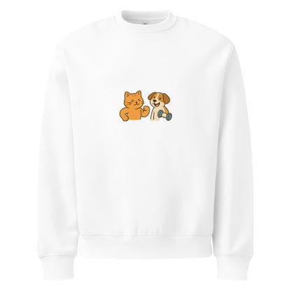 White sweatshirt with a cartoon cat and dog design on a white background