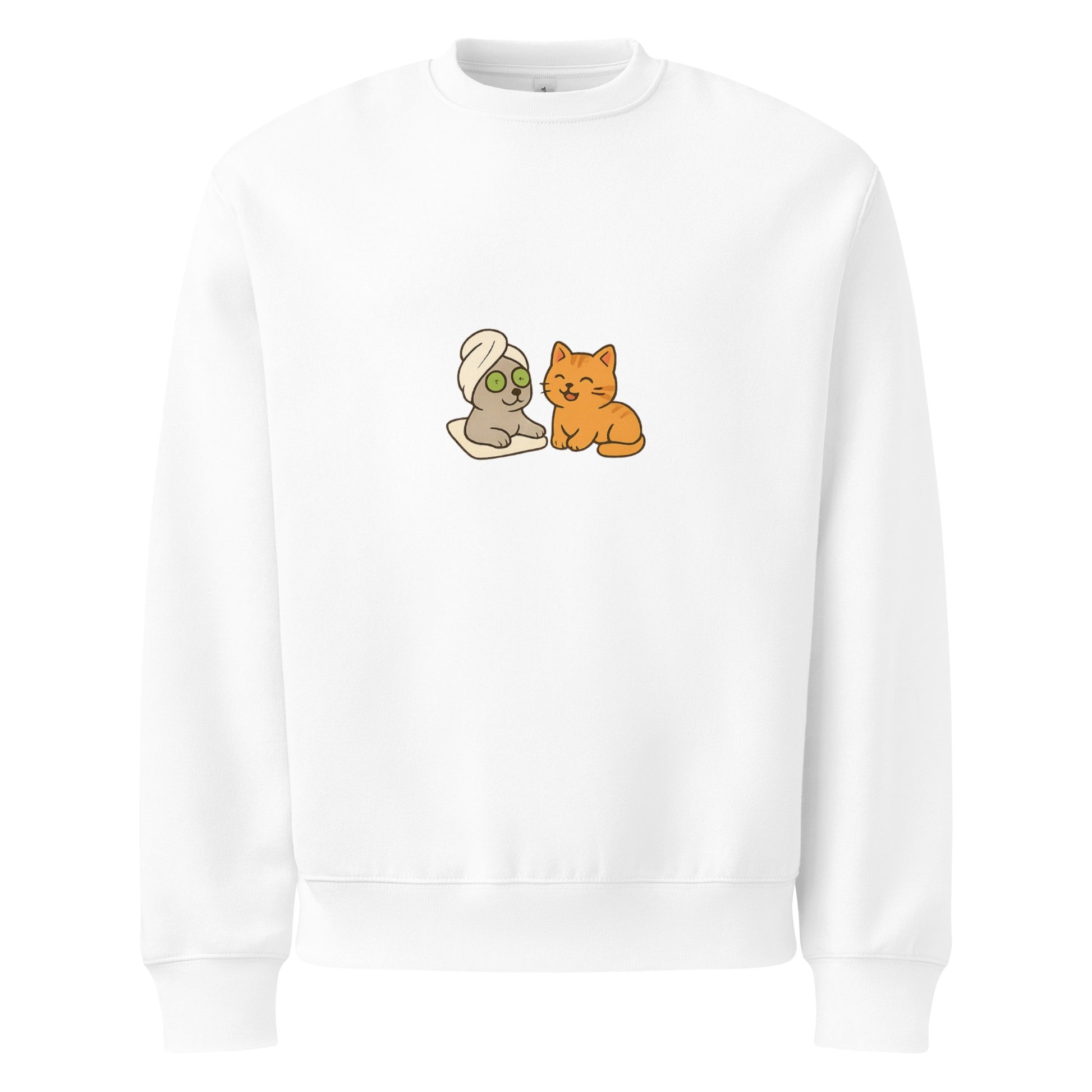White sweatshirt with cartoon cat and dog design on a white background