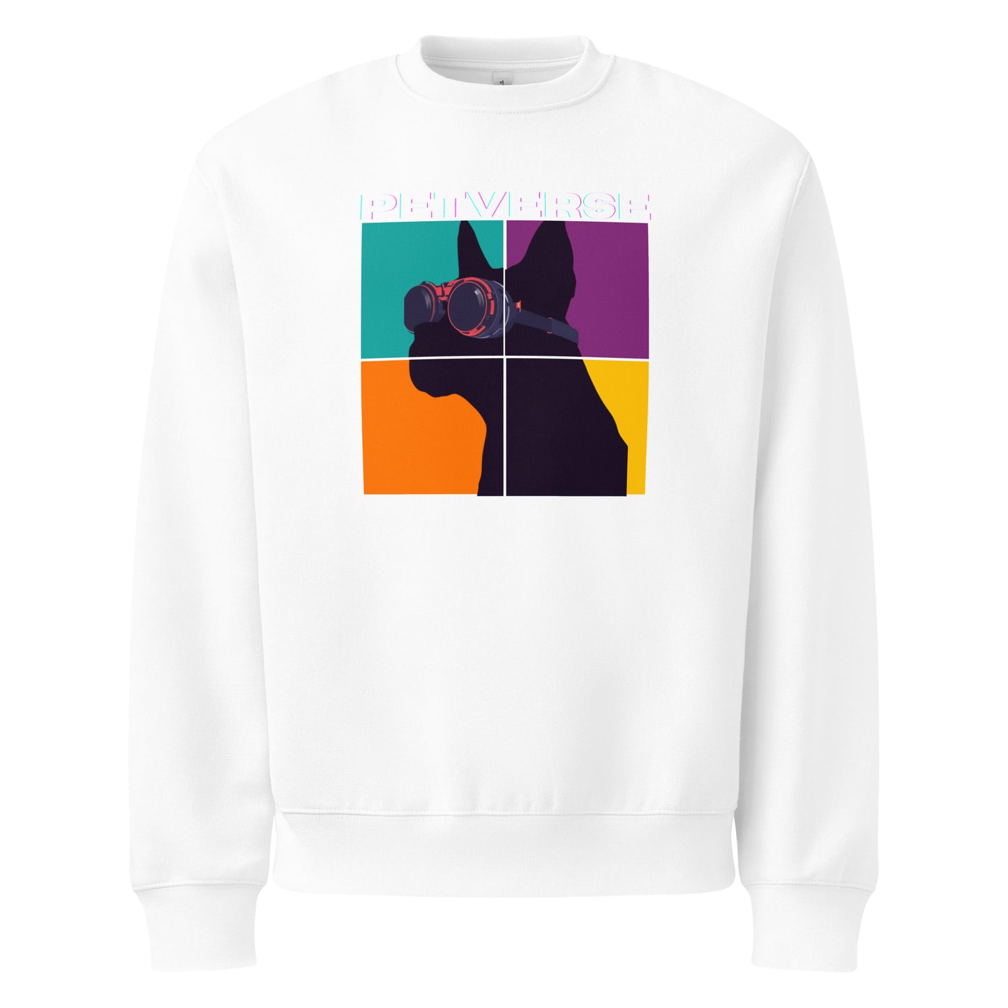 White sweatshirt with a colorful graphic of a dog on a white background