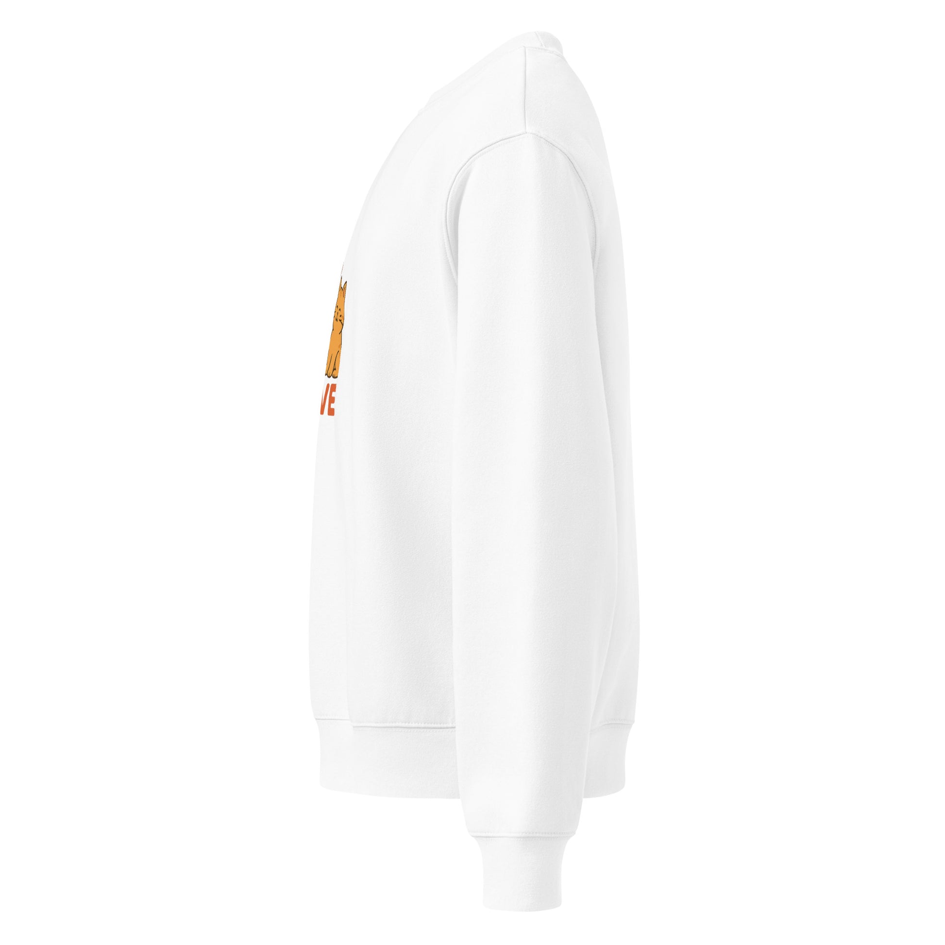 White hoodie with a logo on the sleeve against a white background