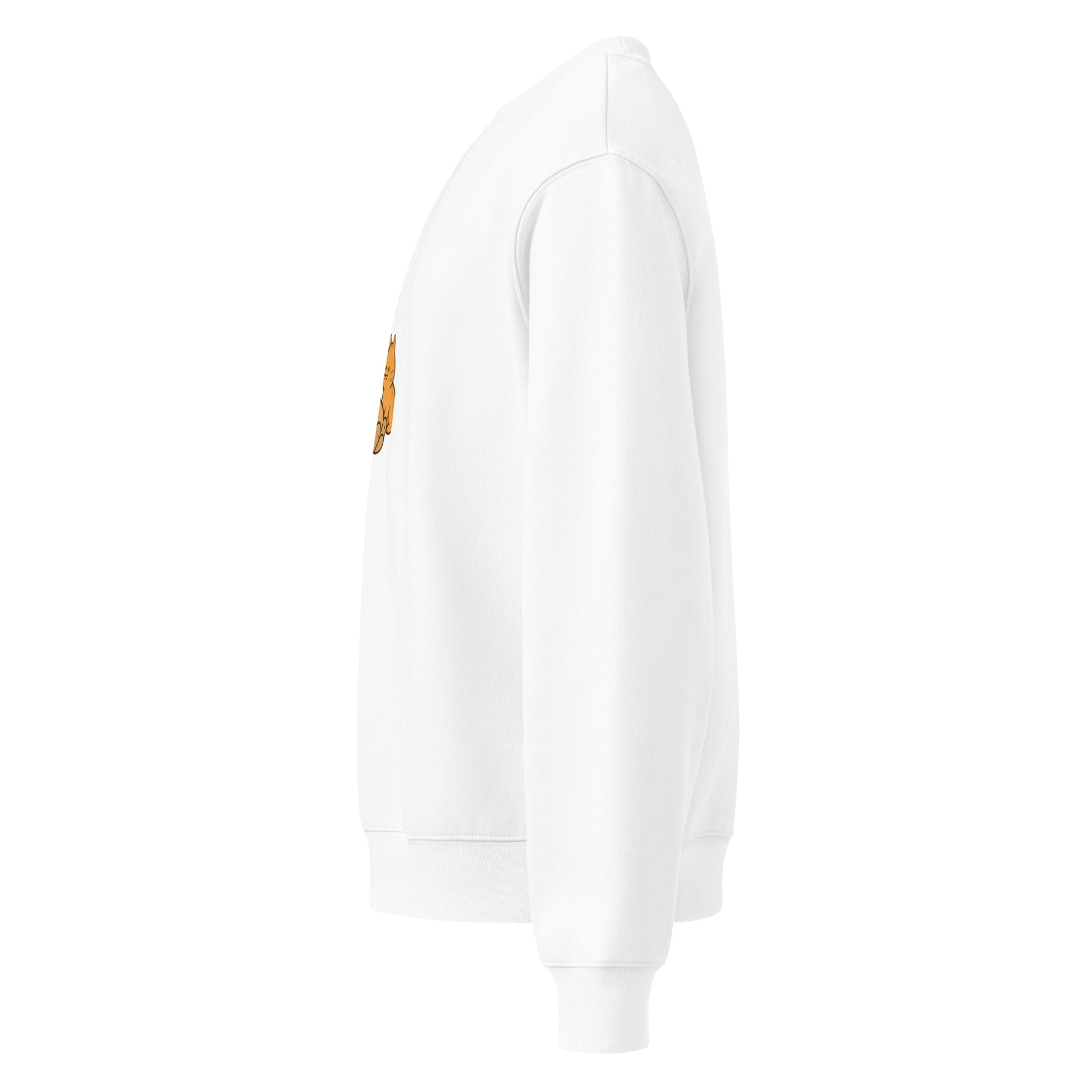 White hoodie with a small logo on the chest against a white background