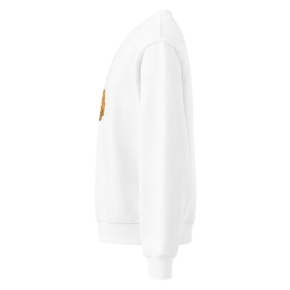 White hoodie with a small logo on the chest against a white background