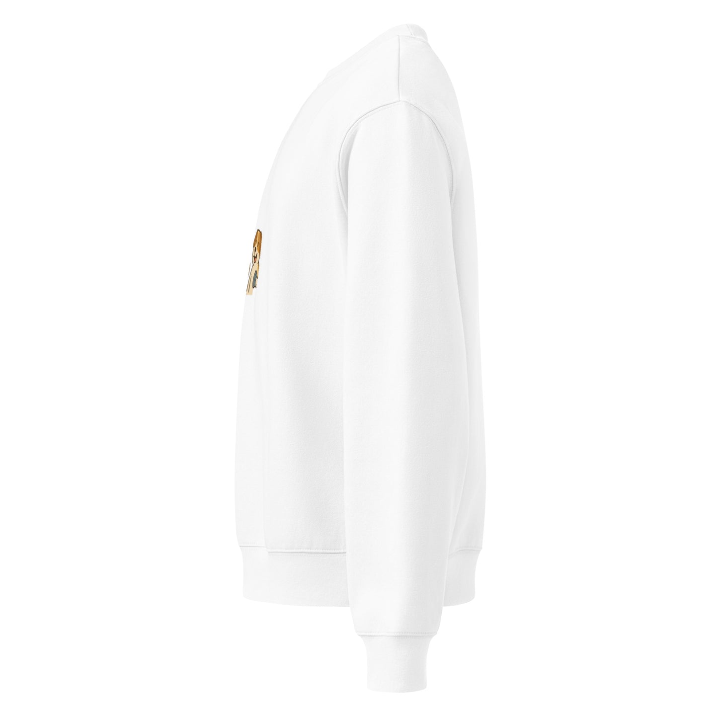White hoodie with a small logo on the chest against a white background