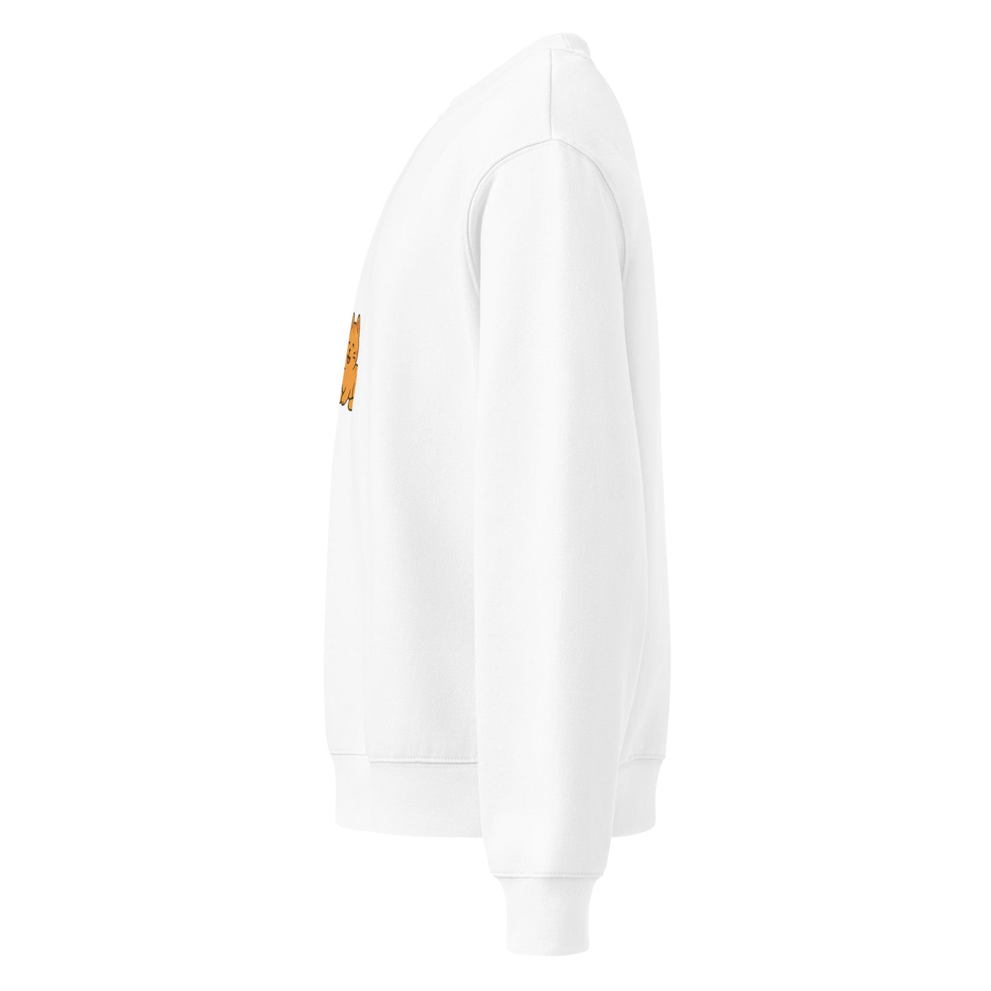 White hoodie with a small orange logo on a white background