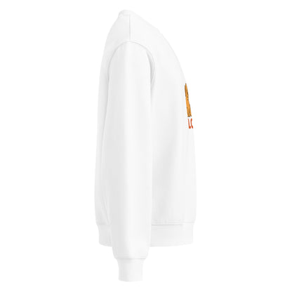 White hoodie with a small graphic on the chest against a white background
