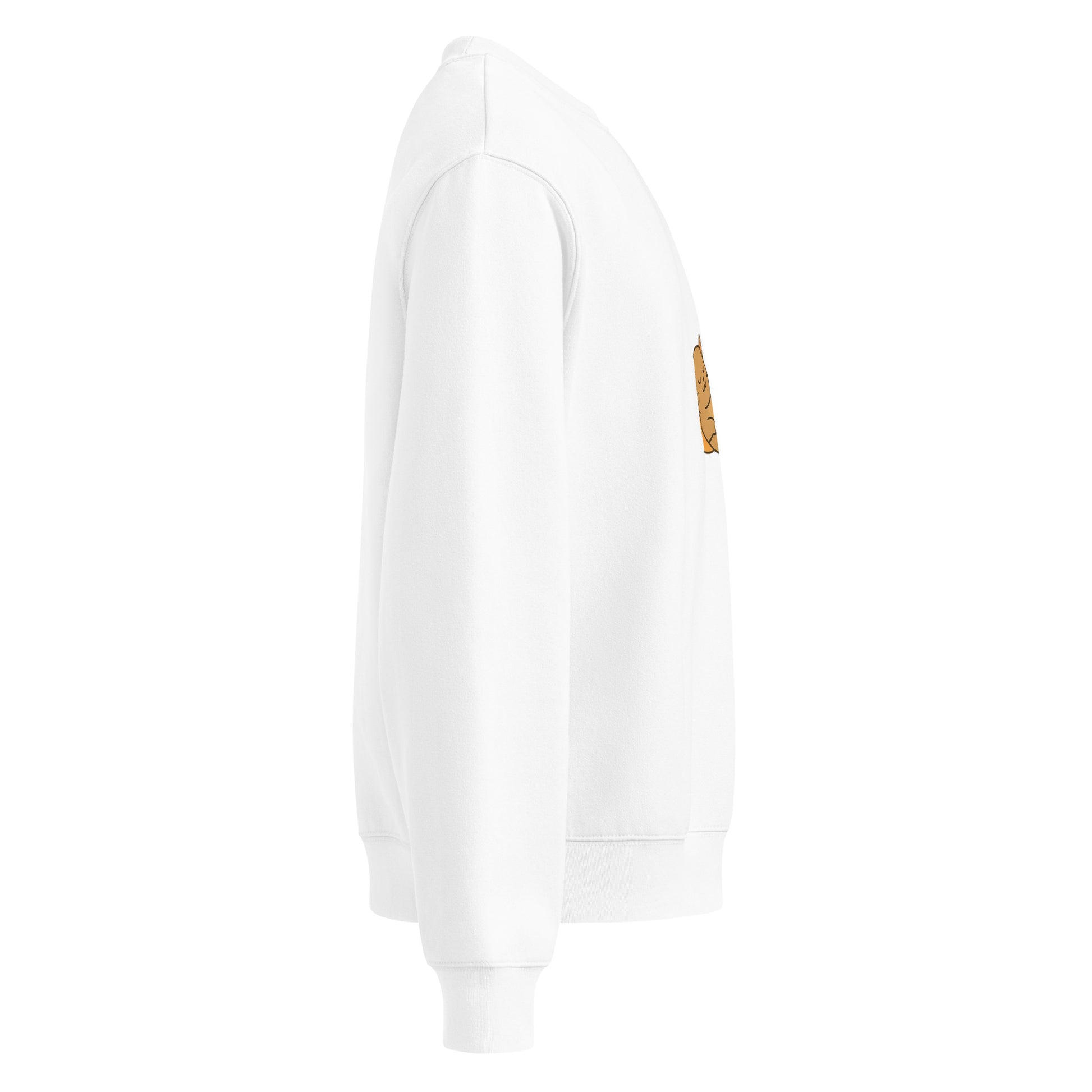 White sweatshirt with a small logo on the chest against a white background