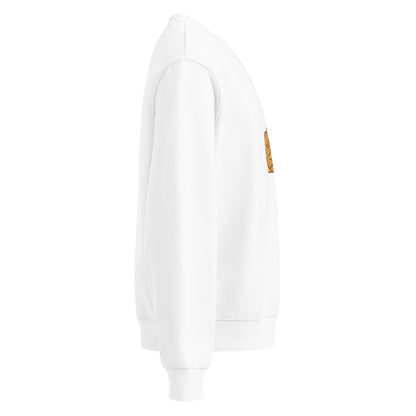 White sweatshirt with a small logo on the chest against a white background