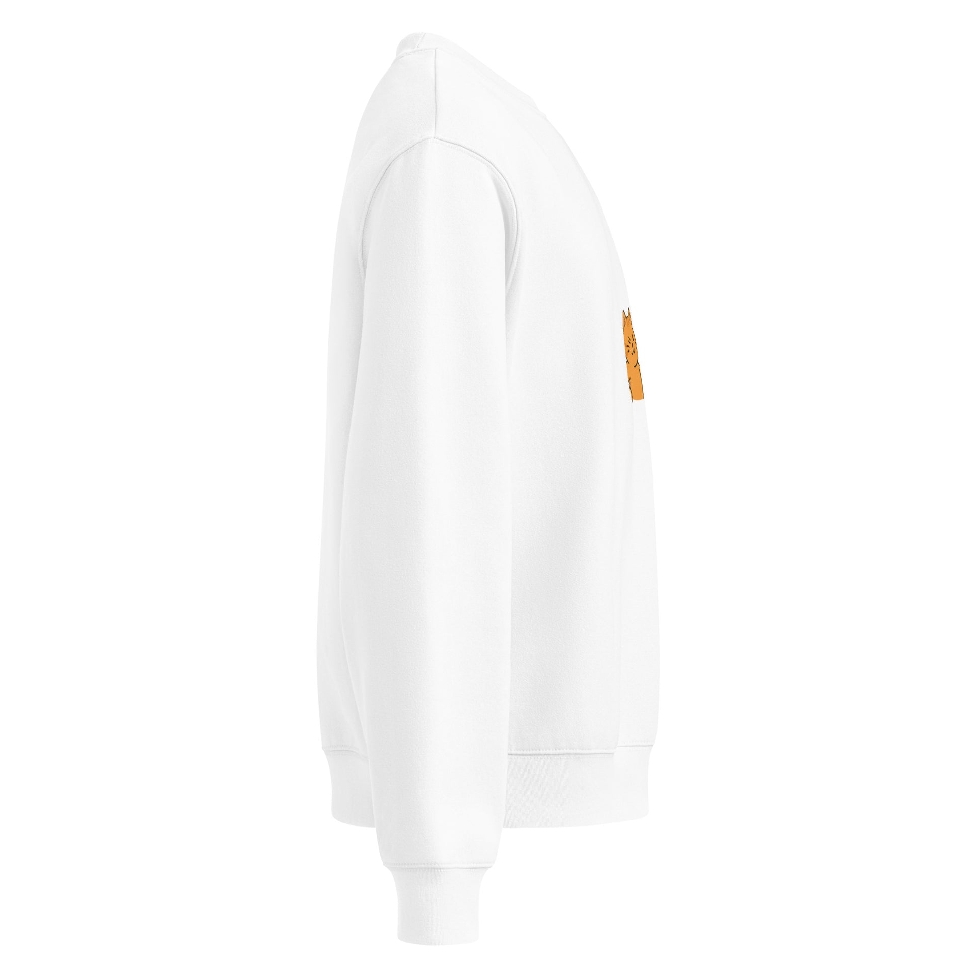 White sweatshirt with a small orange logo on the sleeve against a white background