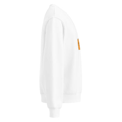 White sweatshirt with a small orange logo on the sleeve against a white background