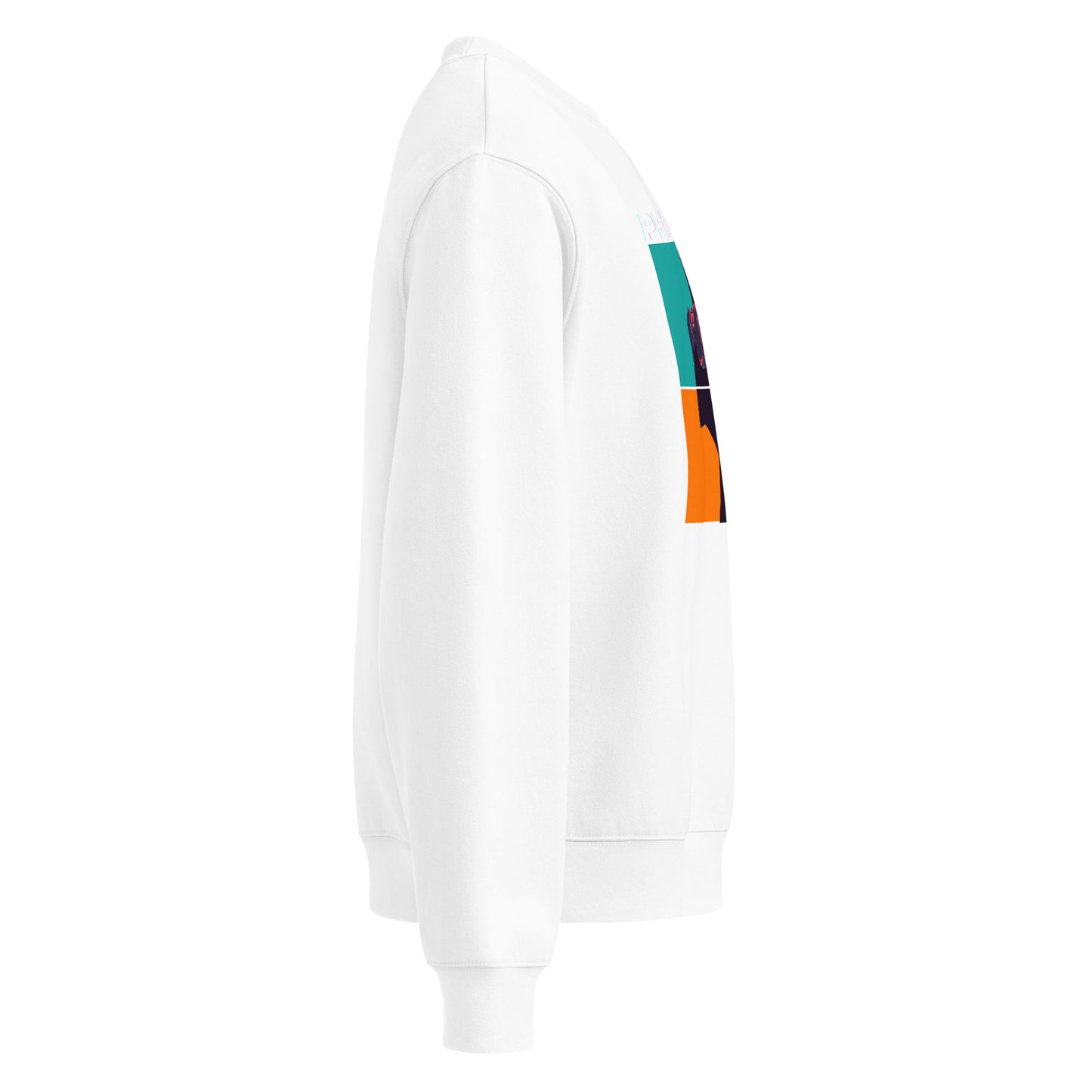 White sweatshirt with colorful stripes on a white background
