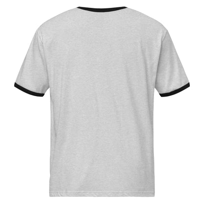 Gray t-shirt with black trim on a white background