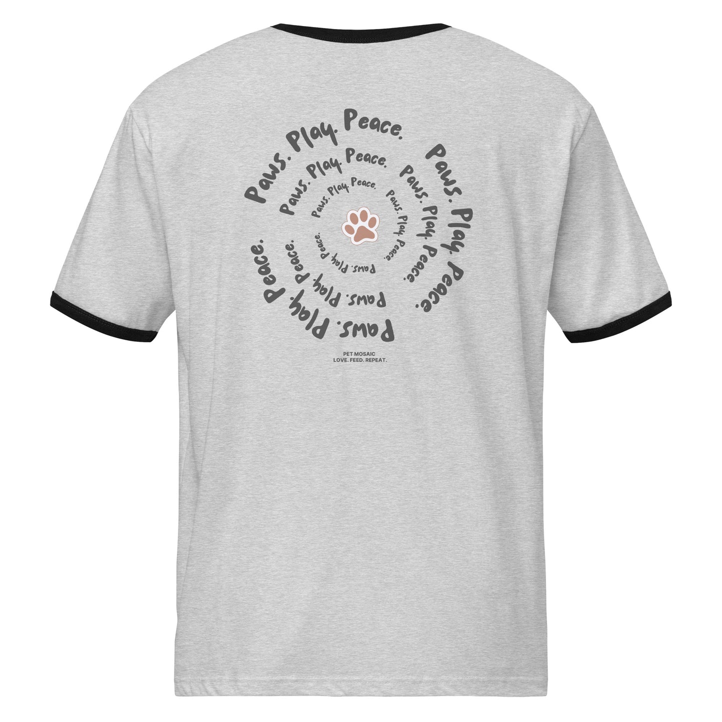 Gray t-shirt with black trim and text design on a white background
