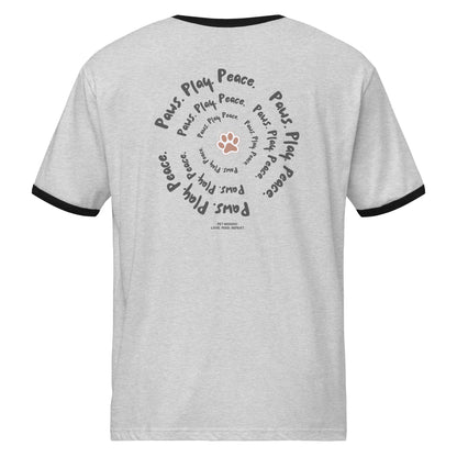 Gray t-shirt with black trim and text design on a white background