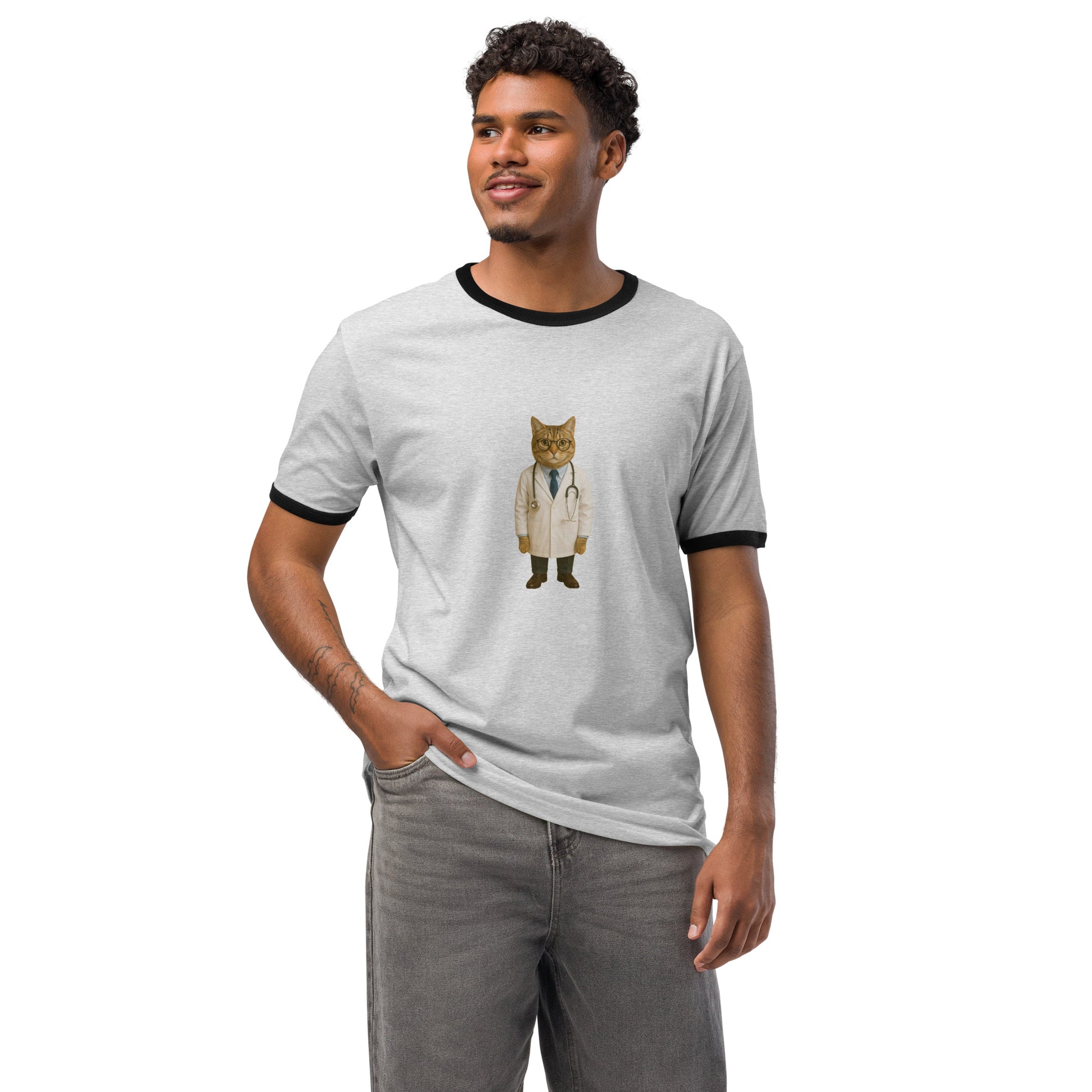 Man wearing a gray t-shirt with a graphic of a cat in a suit on a white background