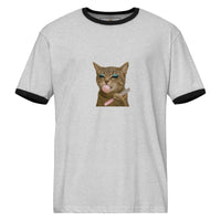 Gray t-shirt with a cat graphic blowing a bubble on a white background