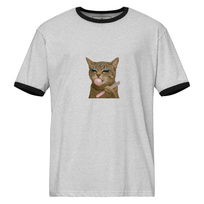 Gray t-shirt with a cat graphic blowing a bubble on a white background