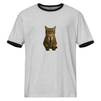 Gray t-shirt with a cat in a suit graphic on a white background