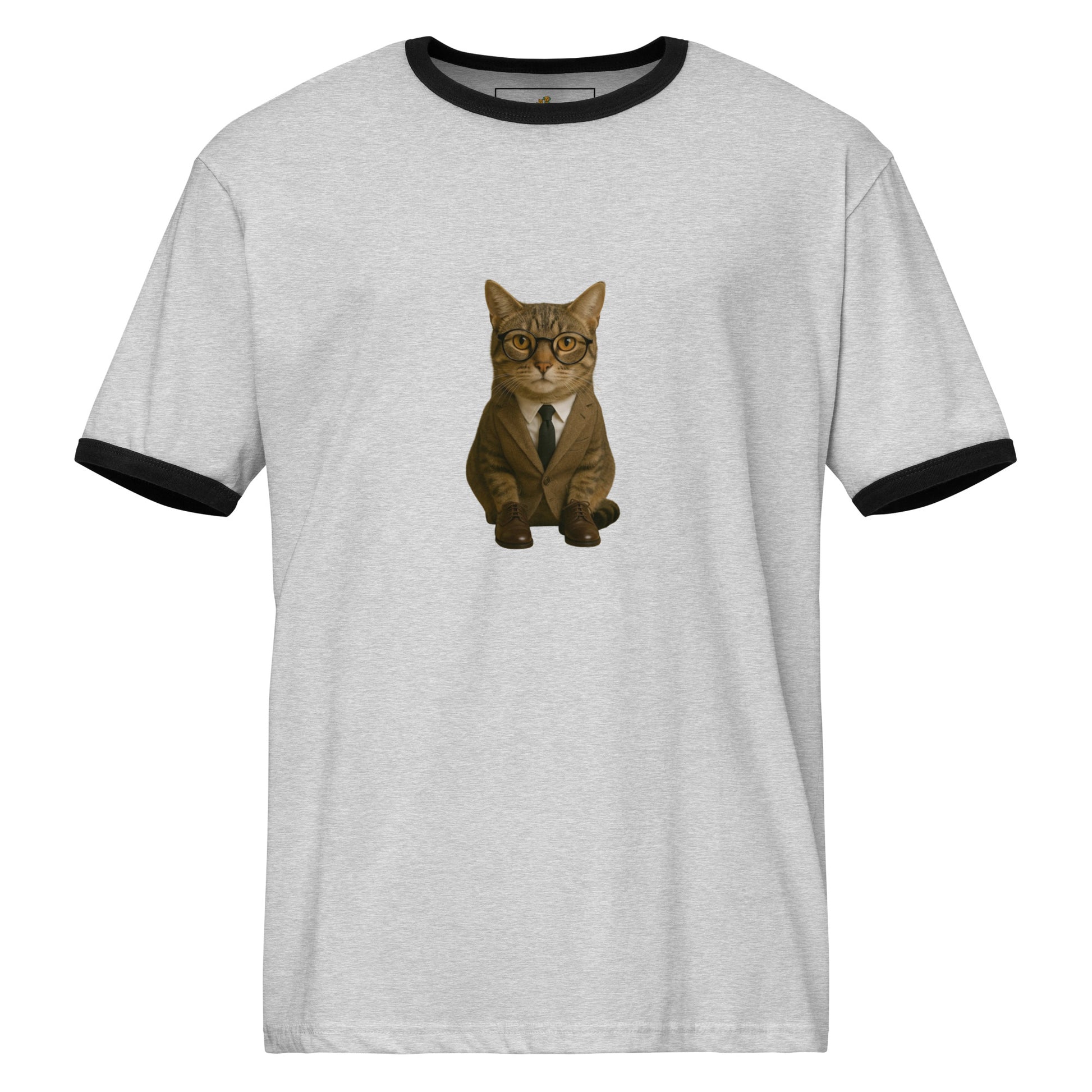 Gray t-shirt with a cat in a suit graphic on a white background